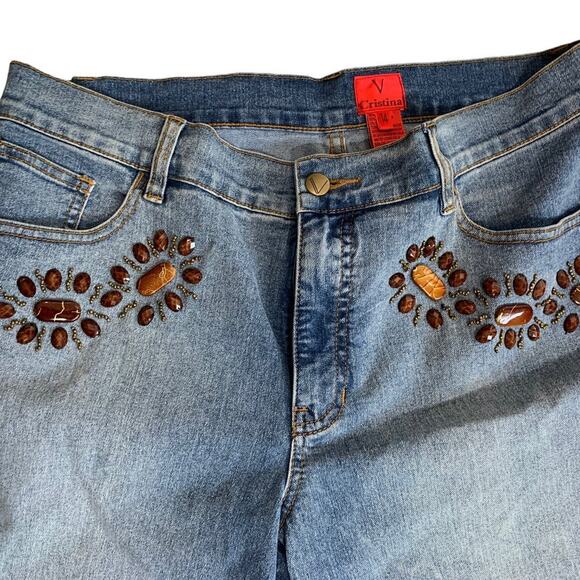 V. Cristina Capri Jeans Women’s Sz 14 Capri Gem Stones Medium Wash Stretch NEW - Picture 2 of 8